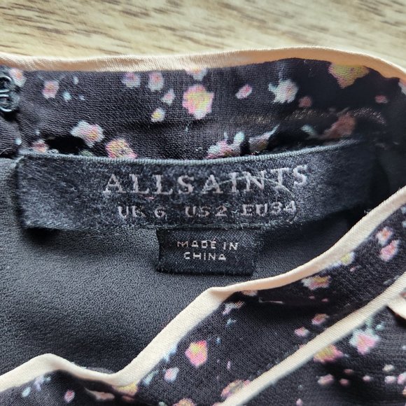 AllSaints Kay Floral Motif Sheer Chiffon Mini Dress Long Sleeve Black Pink - Picture 10 of 11